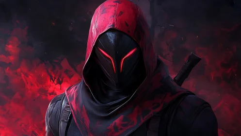 Mysterious red hooded warrior stands in swirling crimson smoke