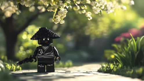 Plastic ronin wanders soft-focus garden of sunlit petals.