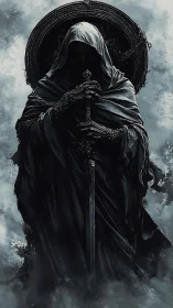 Hooded dark wraith grips longsword before ornate halo