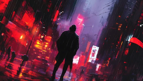 Midnight wanderer in neon drenched cyberpunk rainstorm.