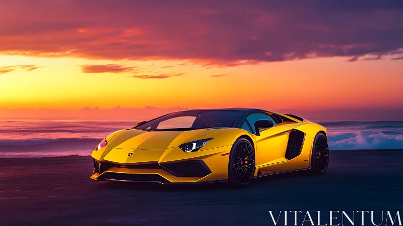Yellow supercar sits on coastal road at vivid sunset