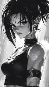 Defiant monochrome warrior girl under streaming rainstorm.