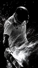 Silhouetted power hitter carves light from liquid darkness