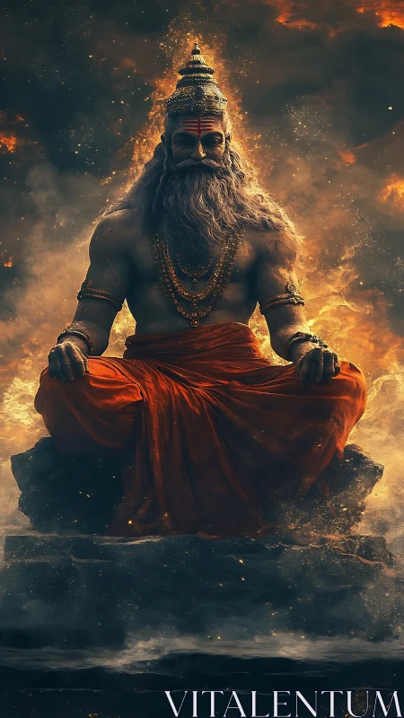 Fiery sage in meditation amid swirling embers and smoke.