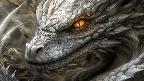 Silver dragon close-up with glowing golden eye in smoke