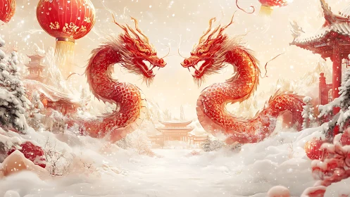 Twin red dragons in snowy Chinese temple landscape scene.