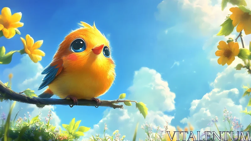 Cute cartoon bird on branch in bright, whimsical spring scene.