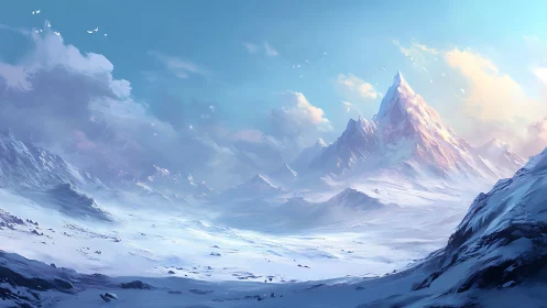 Snow-covered mountain range extends across bright cold horizon