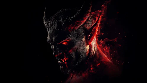 Infernal horned demon crowned in ember-lit shadows.