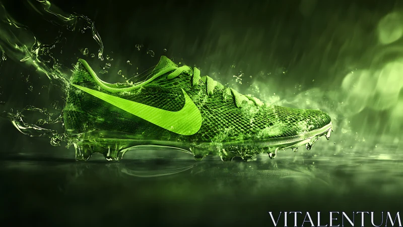 Neon green football cleat in dynamic liquid splash environment.
