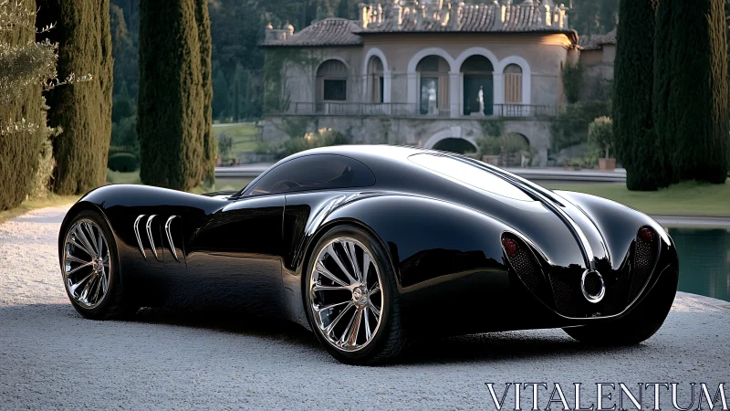 Sleek black concept supercar parked by luxury villa.
