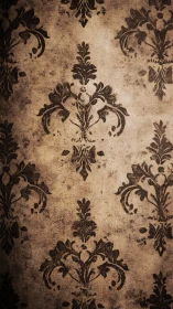 Aged baroque damask wallpaper shows distressed textile surface