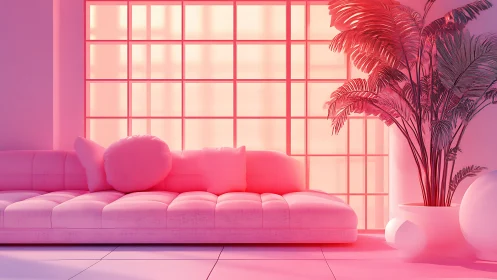Pink neon lounge bathes modern sofa and plants in glow.