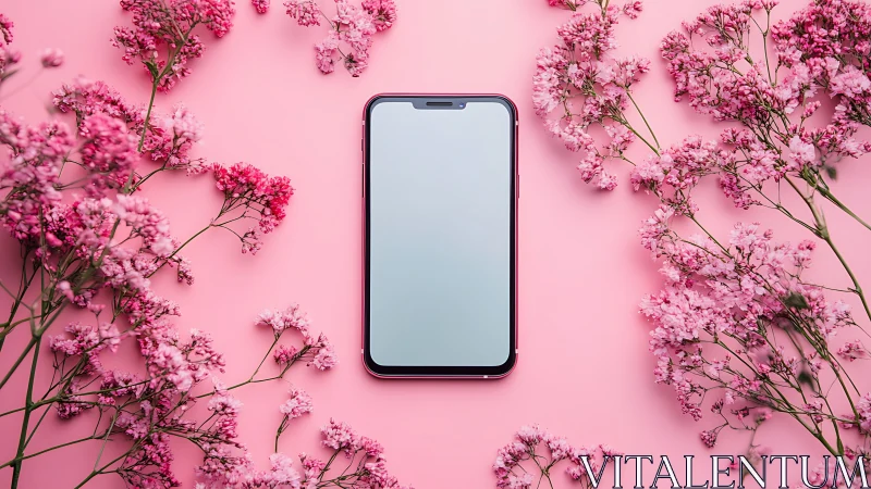 Smartphone Surrounded by Delicate Pink Blooms.
