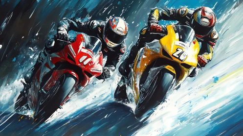Motorcycle racers battling at speed on wet track.