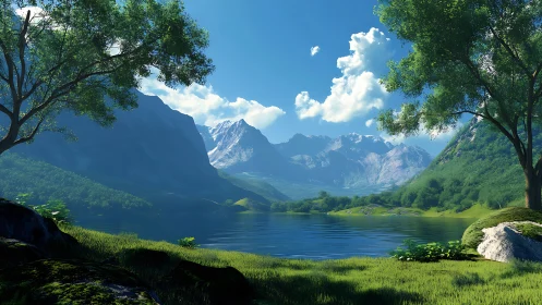 Procedural alpine valley lake with atmospheric depth cues.