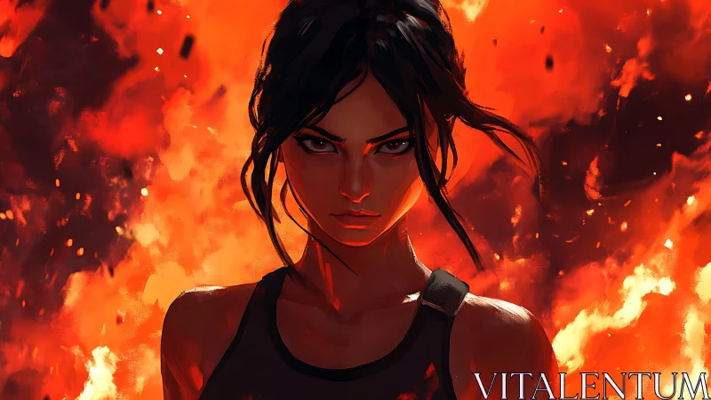 Fierce dark haired warrior amid dynamic inferno backlight