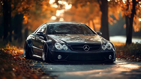 Photorealistic low-slung coupe amid autumn foliage boulevard.