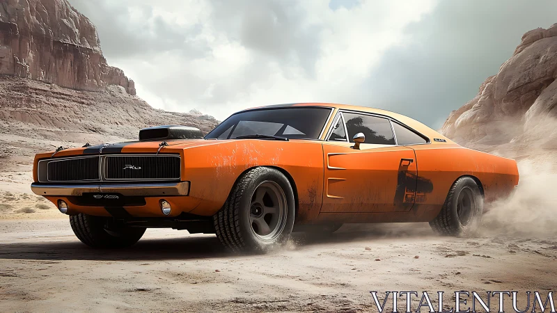 Orange muscle car powers through dusty desert canyon road