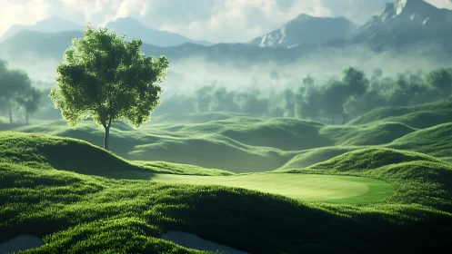 Soft sunrise light gently warms a rolling golf green