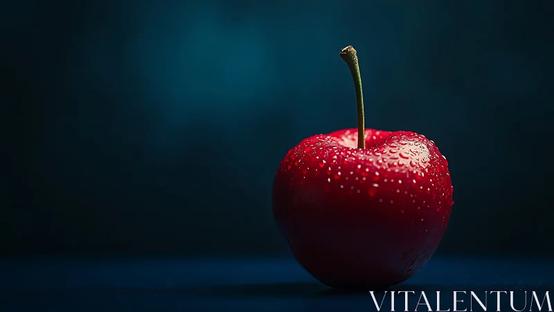 Glistening red apple resting quietly in rich blue shadows.