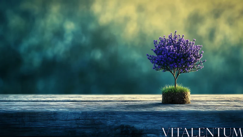 Vibrant Purple Bonsai Tree on Wooden Table, Dreamy Artistic Style.