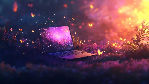Laptop glows in a magical meadow filled with digital fireflies
