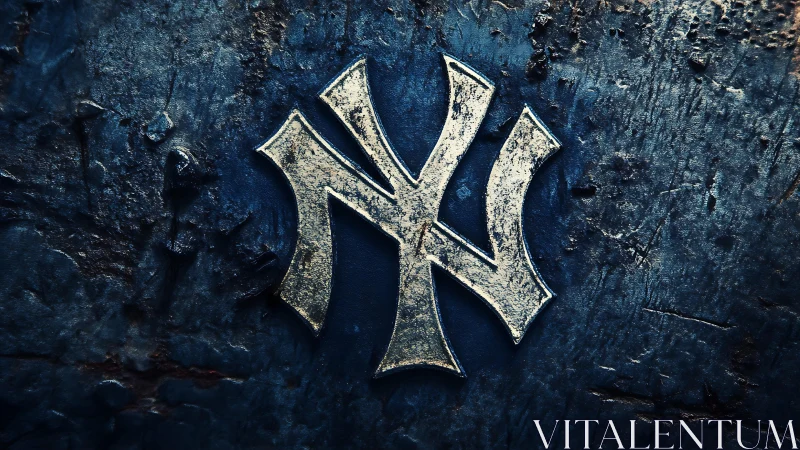 Metallic interlocking NY monogram mounted on rough blue surface