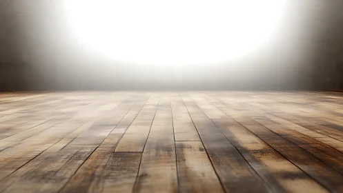 Sunlit wooden stage waits patiently inside a glowing void