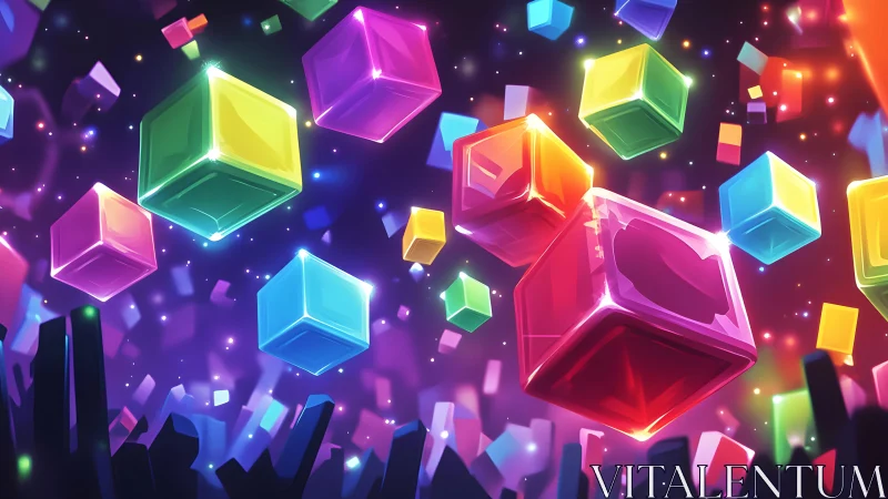 Glowing neon cubes drift through a vibrant cosmic void