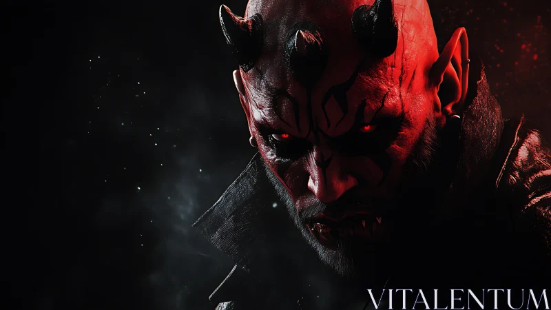 Horned shadow king in crimson light and crawling smoke.