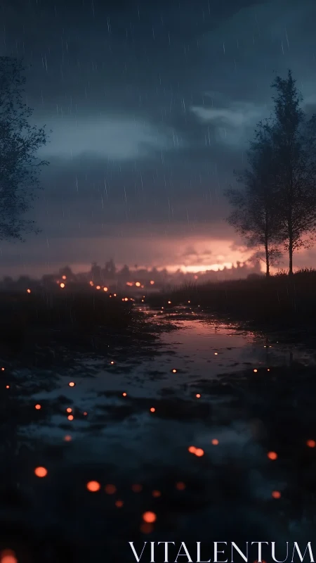 Rainy Dusk Over Flooded Urban Landscape.