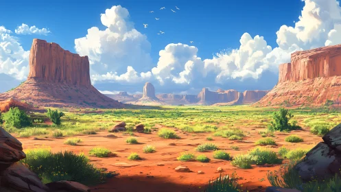 Sunlit desert mesas rise over a vast and vibrant valley.