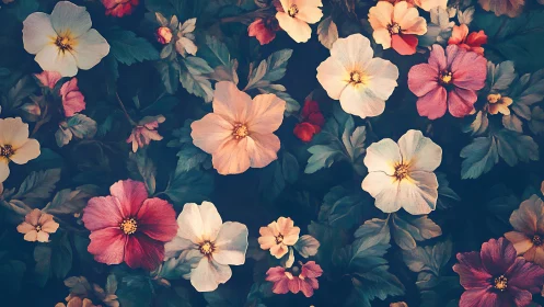 Vintage Floral Garden: Blooming Cosmos on Deep Teal.