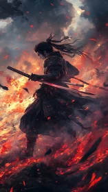Armored samurai warrior in volcanic battlefield with burning embers