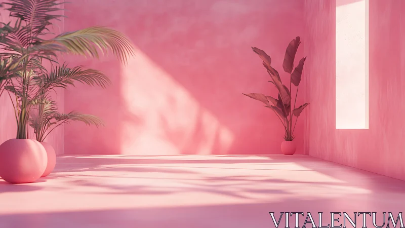 Soft pink sunlit room with dreamy tropical potted palms.