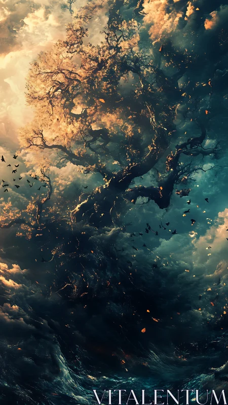 Celestial storm tree twisting through luminous clouds.