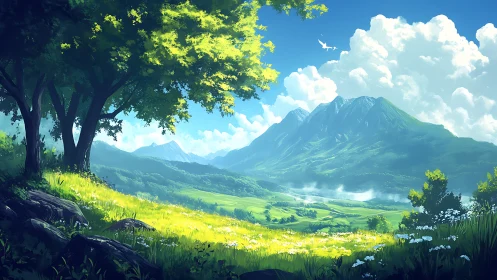 Luminous summer valley under cumulus clouds and distant peaks