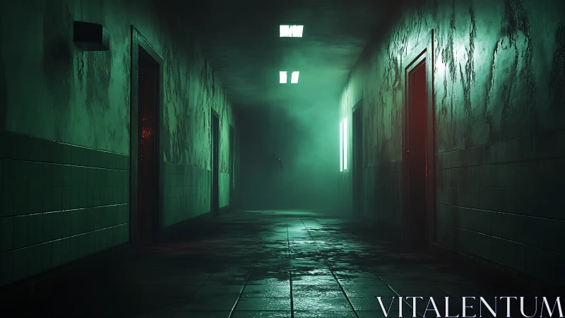 Moody green hallway where shadows quietly invent ghosts.