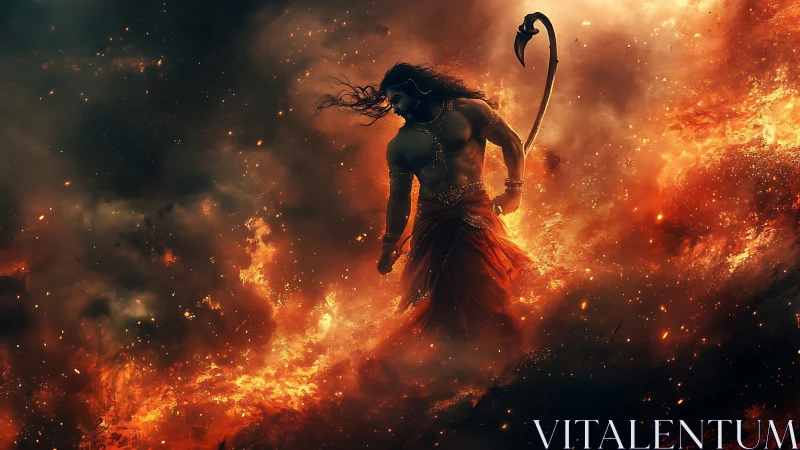 Warrior silhouette in fiery storm with curved weapon.