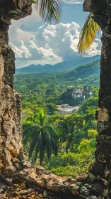 Tropical valley landscape framed by weathered stone ruins.