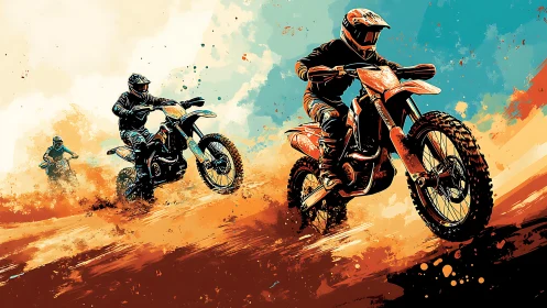 Dust comet riders carving neon skies on roaring dirt bikes.