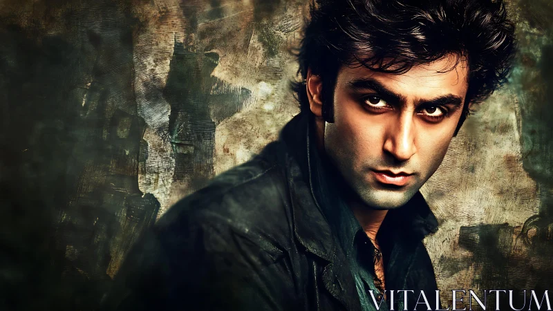 Intense brooding portrait framed by textured grunge backdrop.