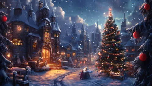 Snowy village square with lit Christmas tree at night.