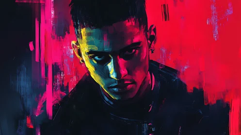 Neon-lit digital portrait exploits split complementary lighting contrasts