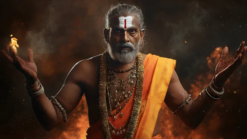 Fiery sage raises his hands amid sparks and swirling smoke