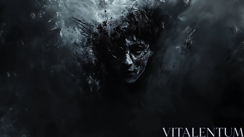 Shadow-splashed thinker emerging from midnight smoke.