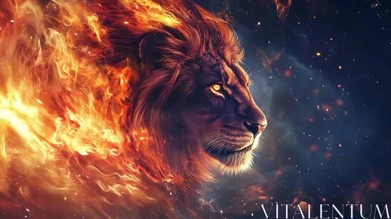 Majestic cosmic lion glowing with swirling firelight.