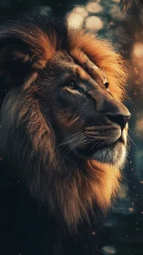 Side profile of male lion in soft backlit environment.