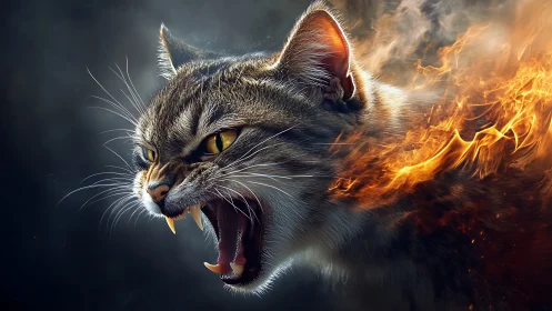Photorealistic flaming cat portrait with dynamic motion blur.